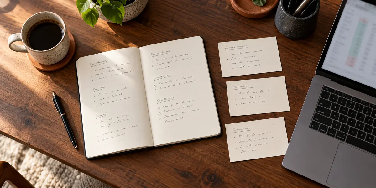Notebook and three review cards beside a laptop showing an indistinct table