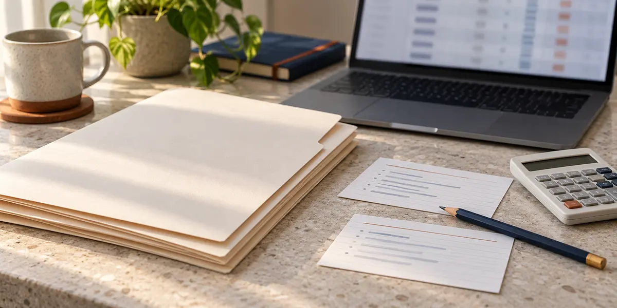 Plain proposal folders, review cards and a calculator beside a blurred laptop screen