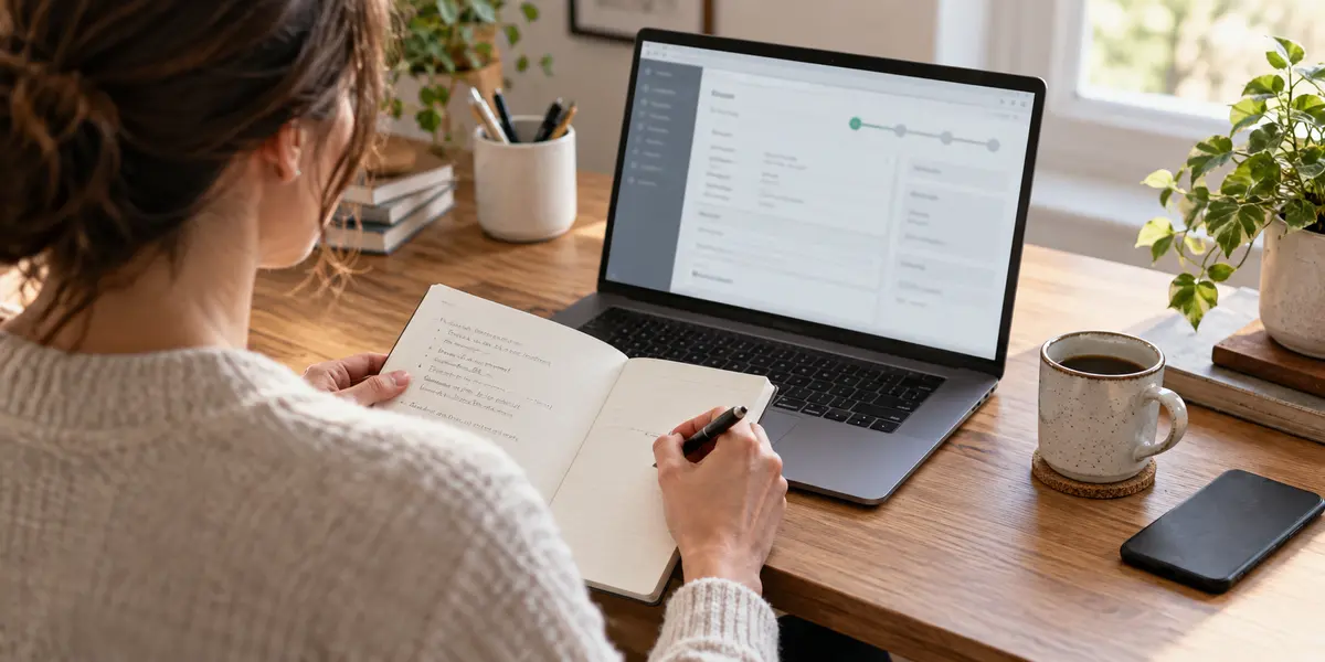 A professional comparing written notes with a blurred enquiry record on a laptop