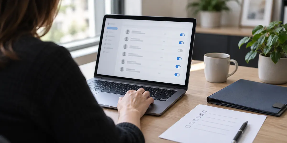 Illustrative scene of an anonymous person checking a laptop beside an agency handover folder