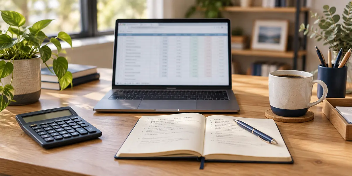 Conceptual budget review workspace with a blurred spreadsheet, calculator and notebook