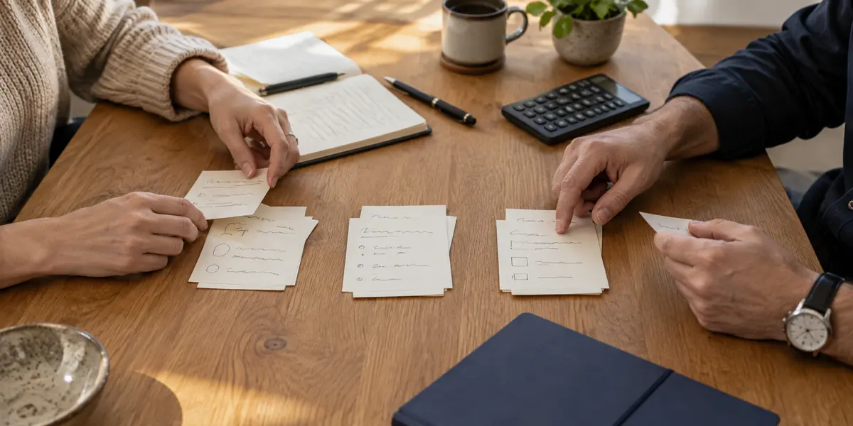 Hands sorting plain planning cards beside a notebook and calculator in a conceptual review scene