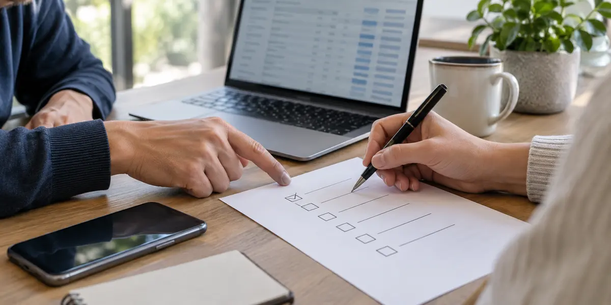 Two people checking a paper checklist beside a laptop and smartphone