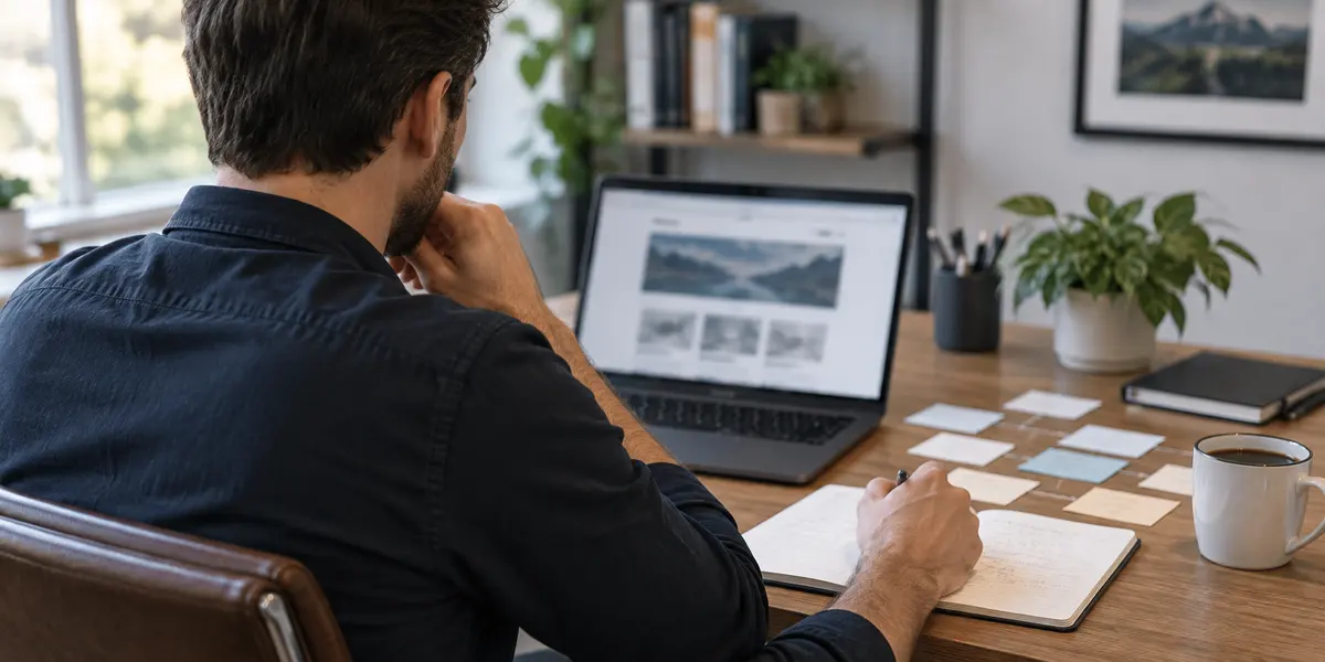 A person reviewing a softly blurred website on a laptop beside notes and small cards