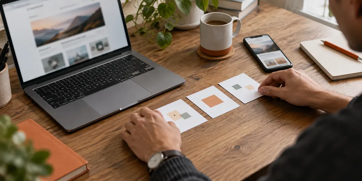 A person arranging blank note cards beside a laptop and smartphone showing blurred web pages
