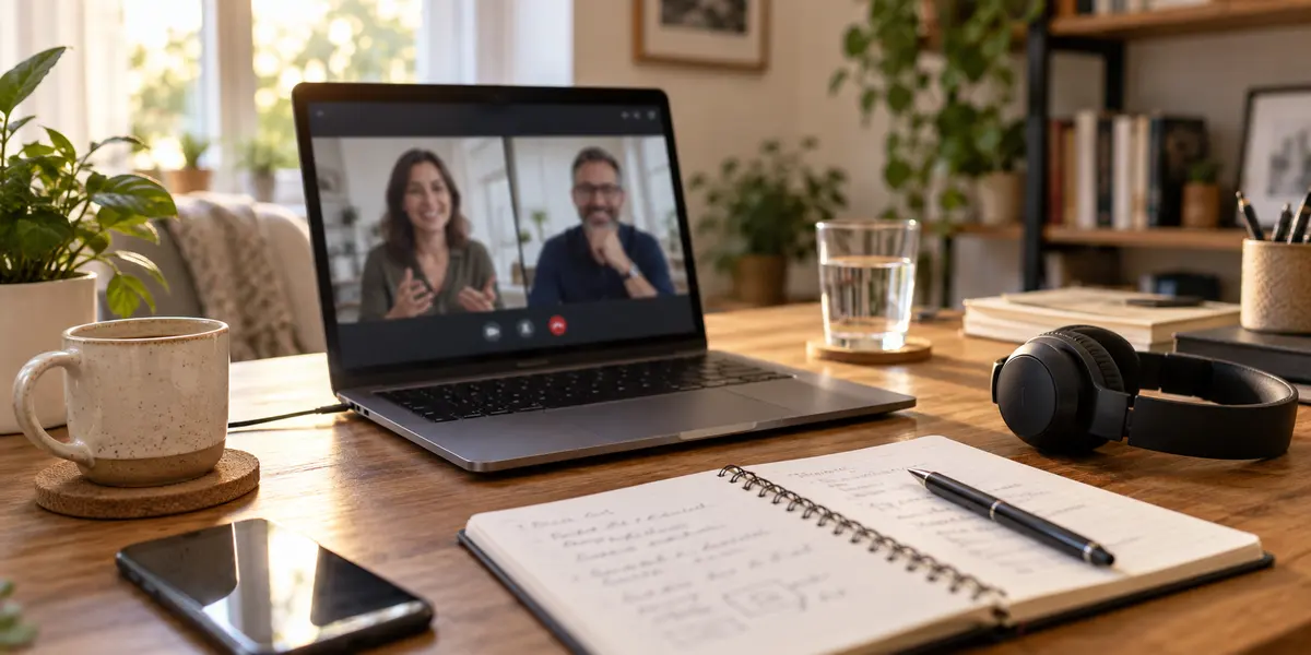 Laptop with a video meeting beside a notebook and headphones in a conceptual home workspace