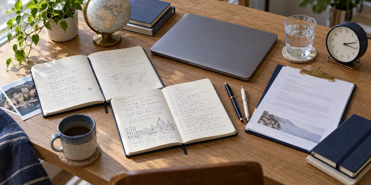 Project notes, stationery and a desk clock arranged for a conceptual meeting preparation session