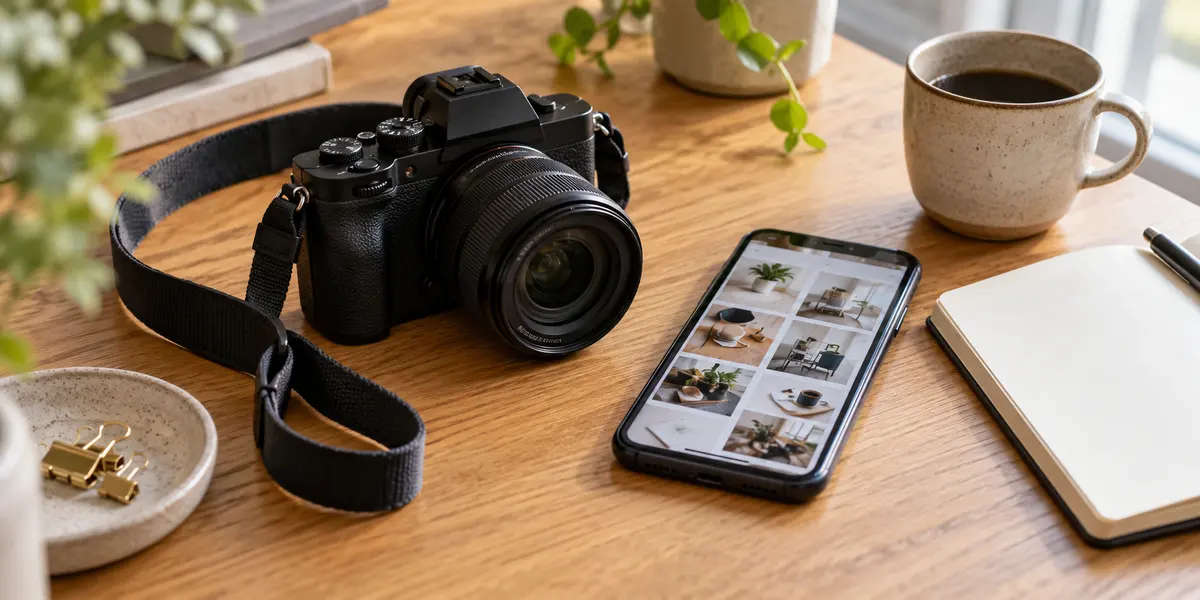 Camera and smartphone with a softly blurred photo grid beside a notebook in a conceptual planning scene