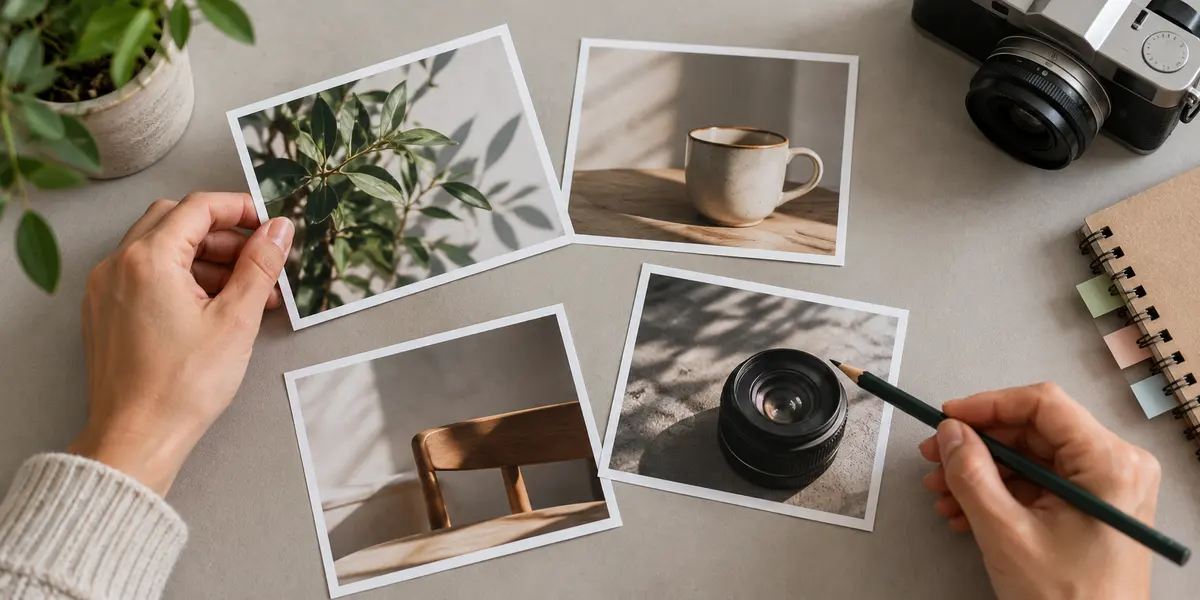 Hands arranging still-life photo prints beside a camera and notebook for a conceptual selection exercise