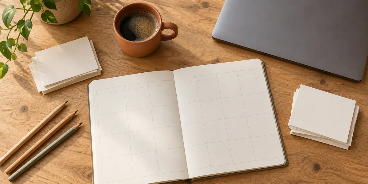 Open weekly planner and separate task-card stacks beside a closed laptop