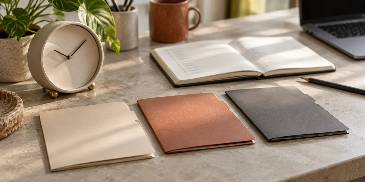 Three plain folders beside a desk clock, notebook and pencil