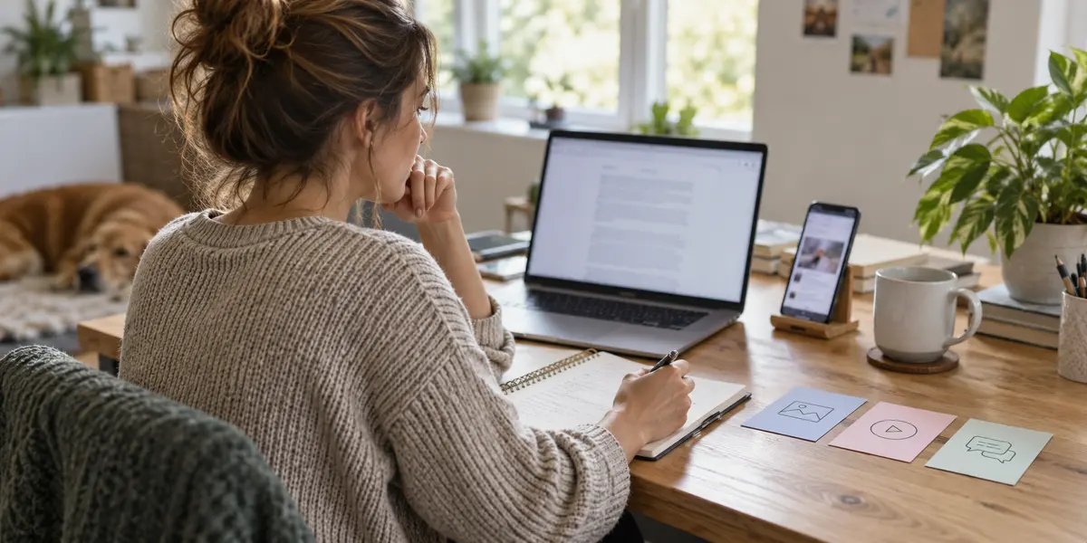 An editor comparing a guide on a laptop with a phone and three content-planning cards