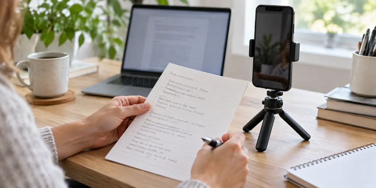 Hands checking a short video outline beside a phone on a tabletop stand
