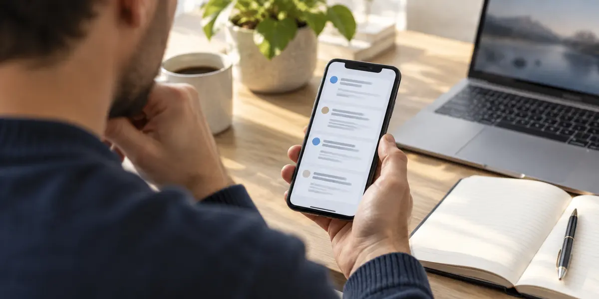 A person reviewing a service webpage on a smartphone beside a notebook