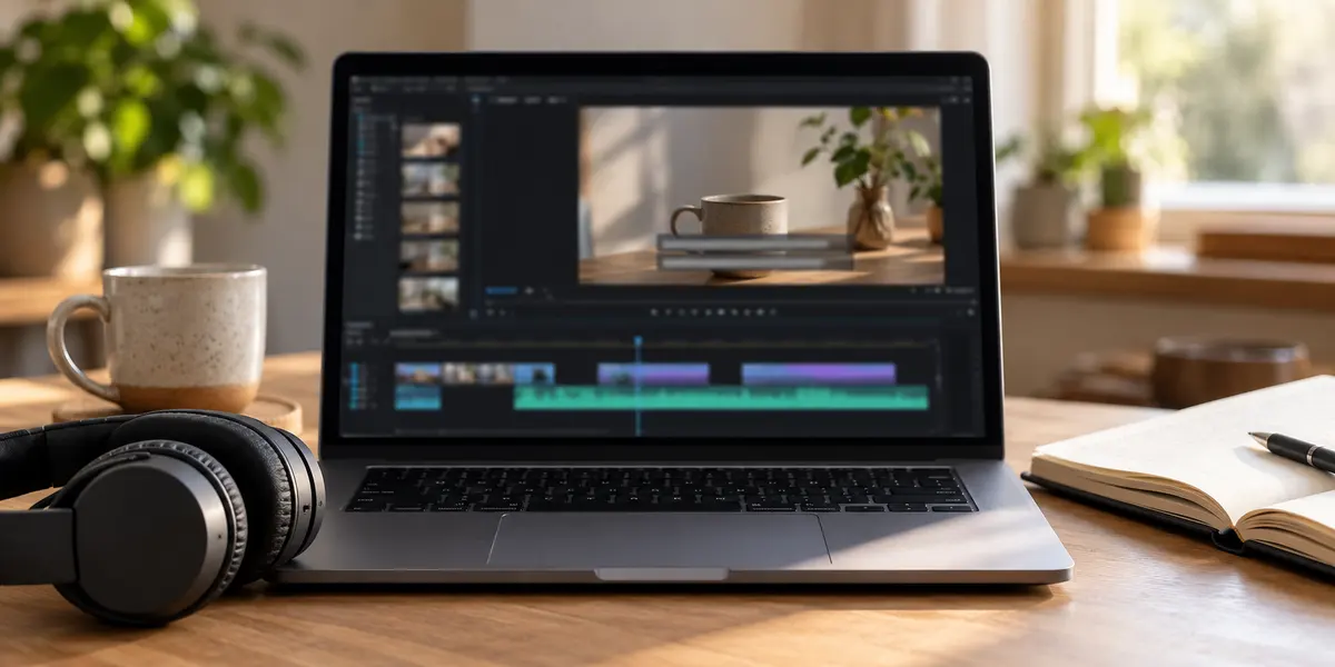 Laptop with a blurred video timeline and caption bars beside headphones and a notebook in a conceptual editing scene