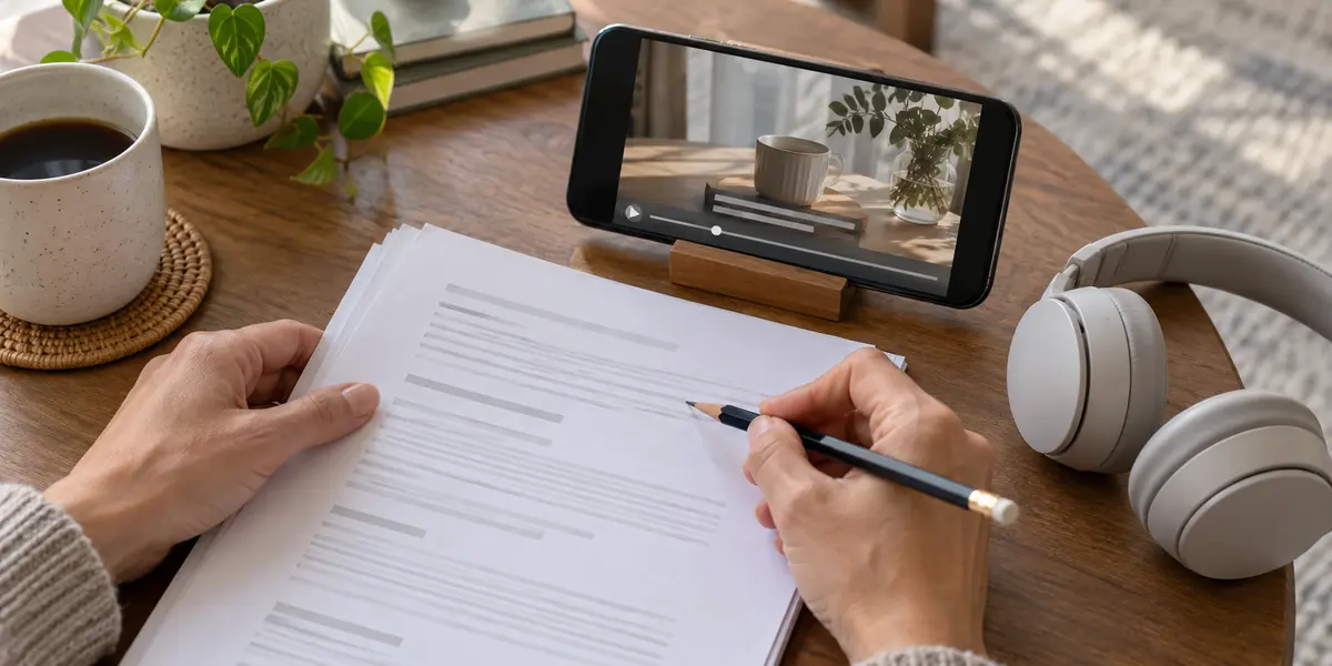 Hands reviewing a paper script beside a phone showing a still-life video and blurred caption bars