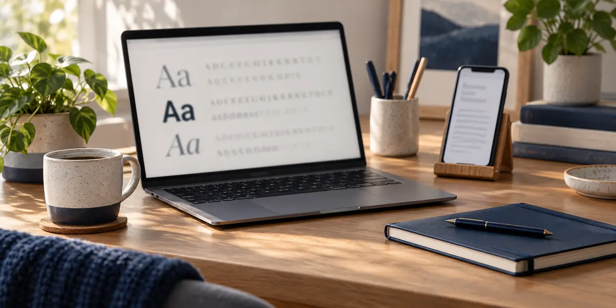 Conceptual workspace with a laptop and phone displaying blurred text specimens beside a notebook