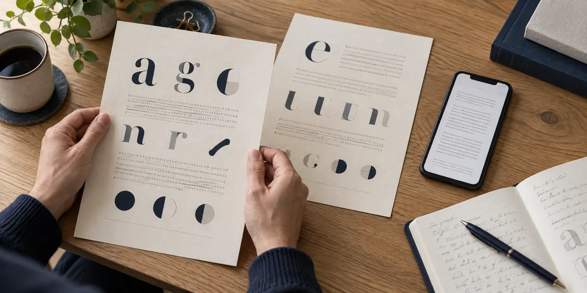 Hands comparing paper text specimens beside a smartphone in a conceptual typography review